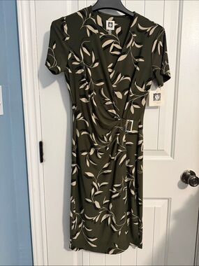 Anne Klein Olive and Cream Leaf-Print Wrap Midi Dress